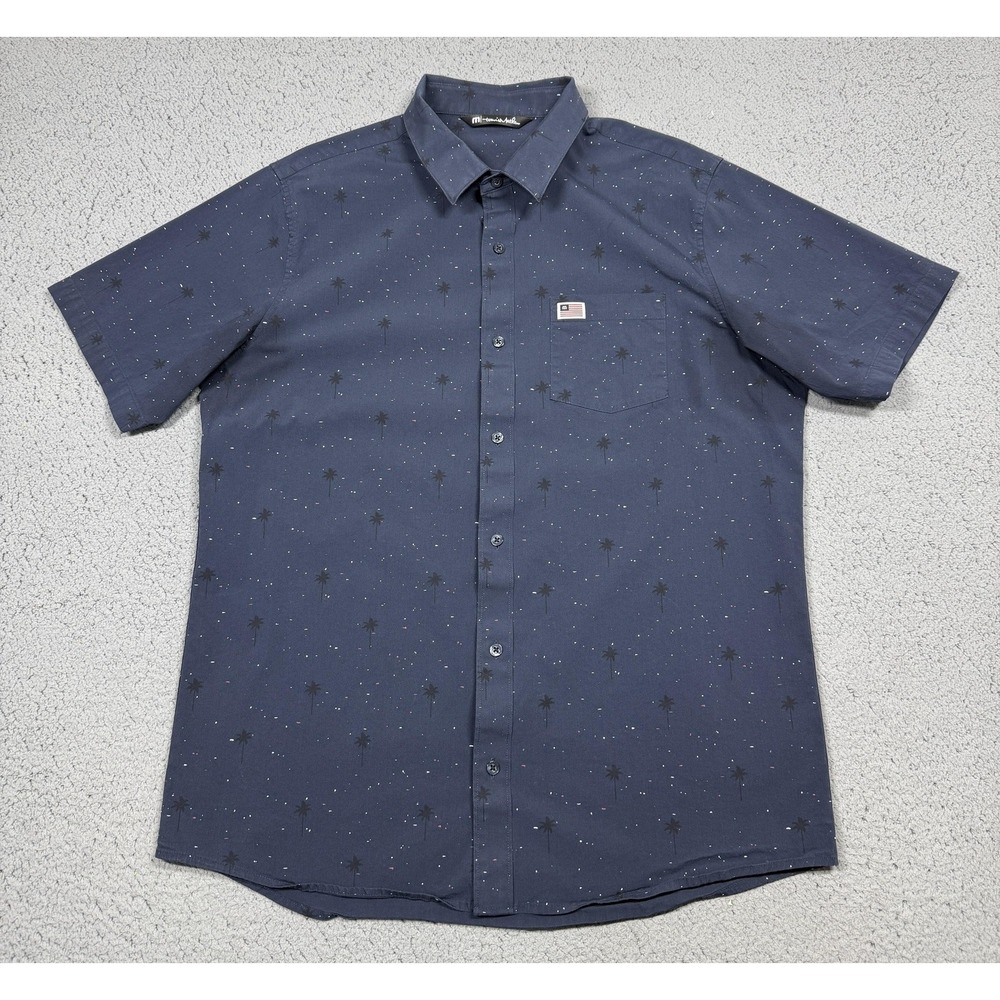 Travis Mathew Shirt Mens Large USA Blue Palm Tree Short Sleeve Button Up Stretch